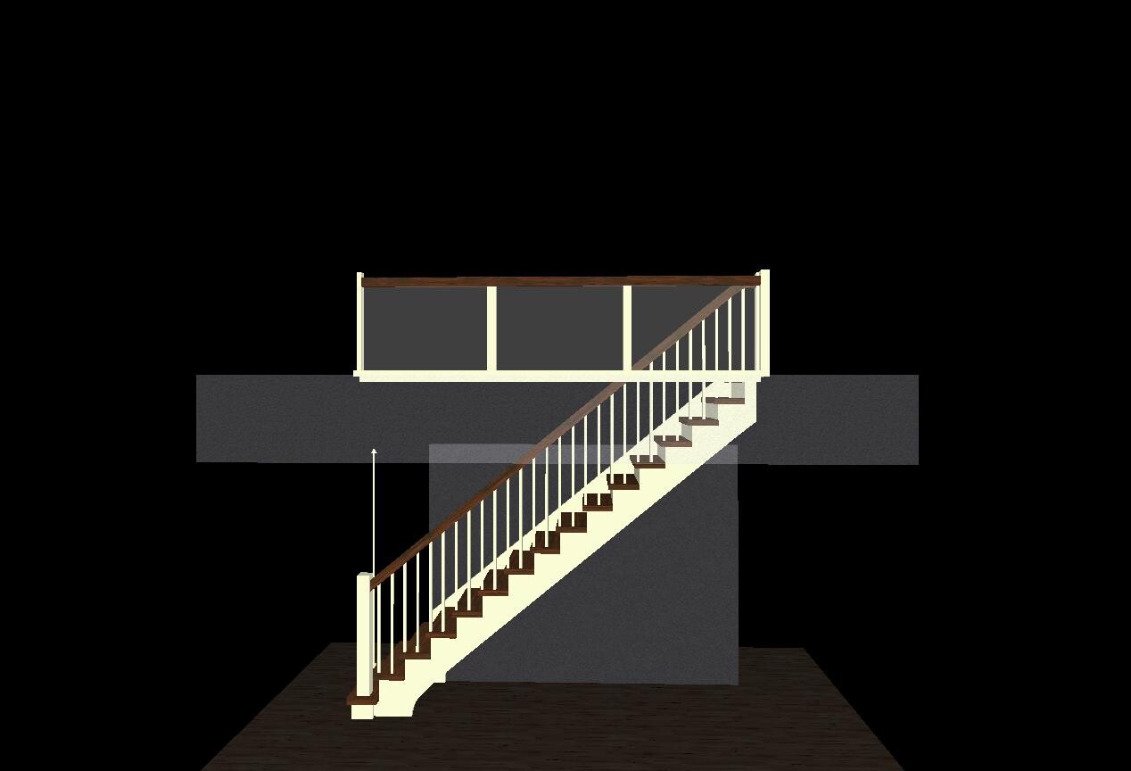 3D-Innenstiege aus Holz mit weißem Geländer vor dunklen Wänden