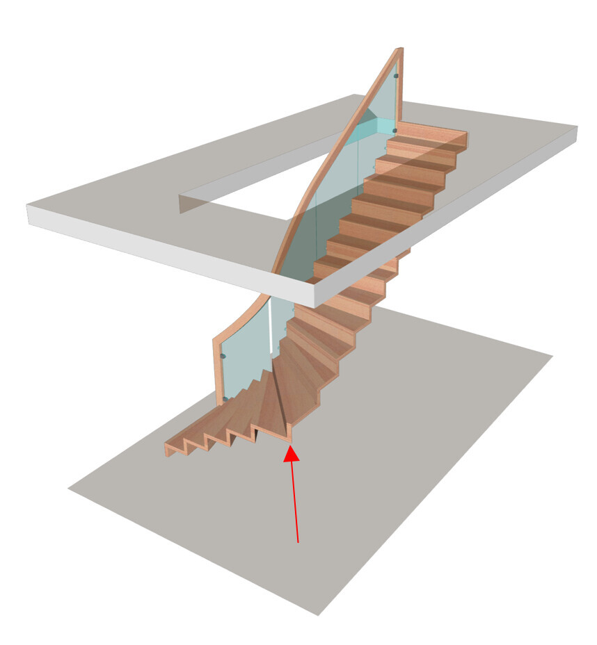 3D-Modell einer modernen Holztreppe mit Glasgeländer in einem zweigeschossigen Gebäude