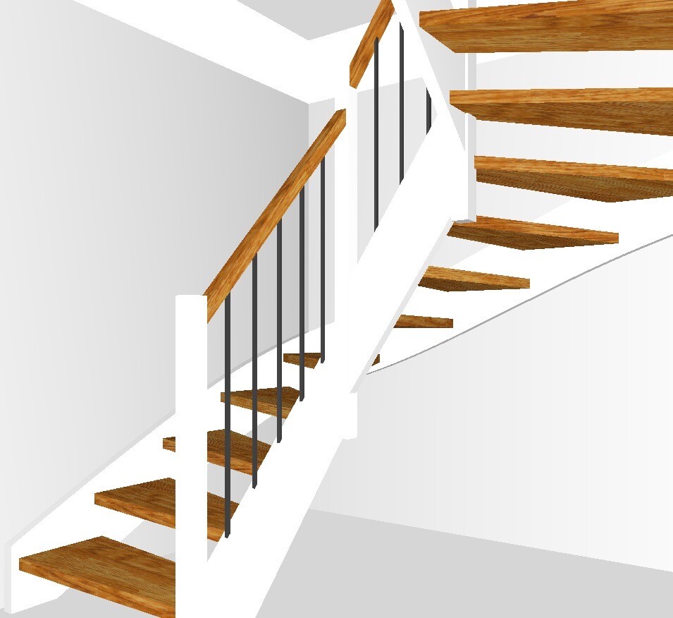 Moderne Innentreppe mit offenen Holzstufen, weißem Geländer und schwarzen Metallstäben.
