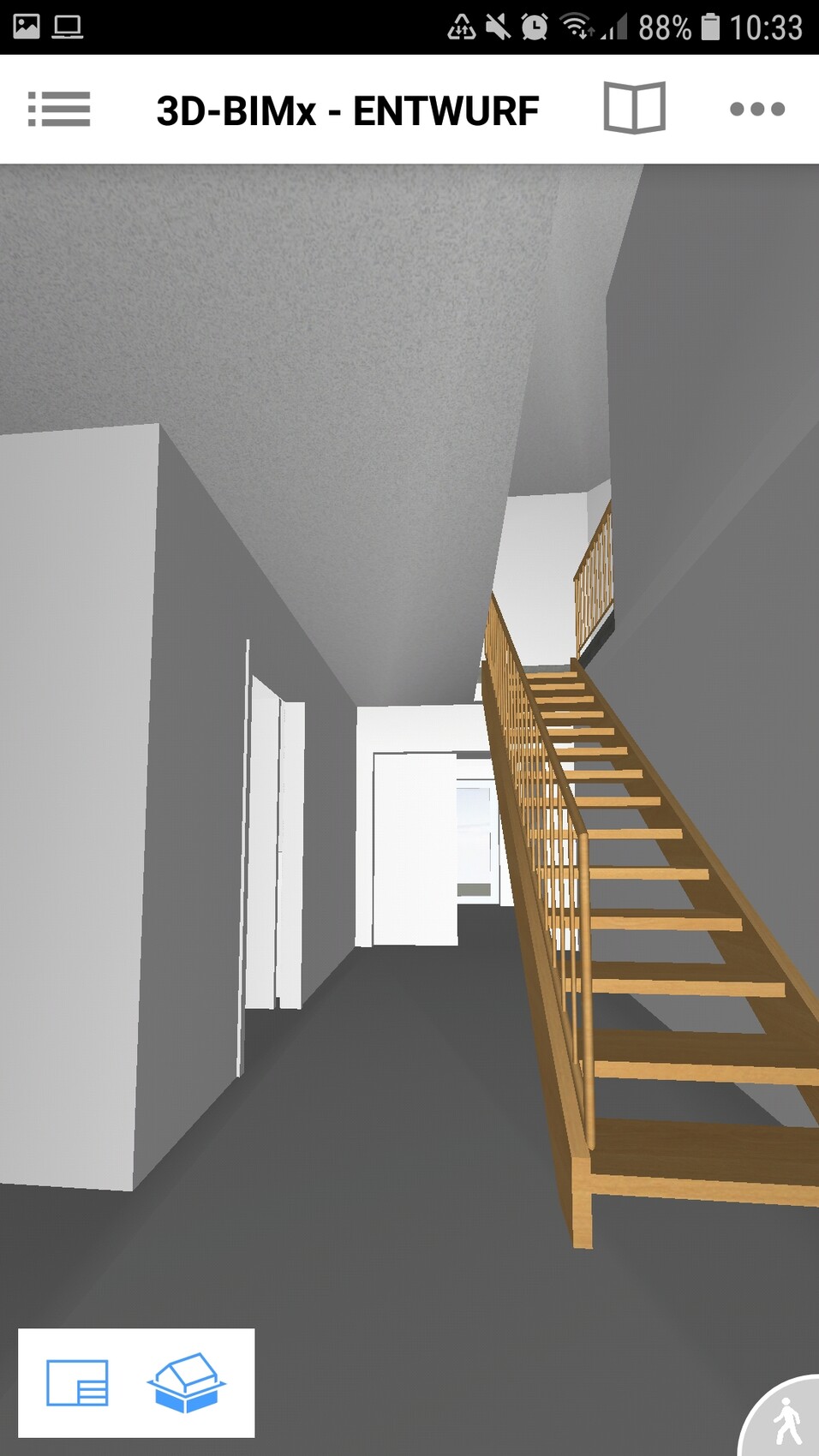 3D-Render eines Treppenhauses: graue Wände, Holztreppe rechts, Türen links.