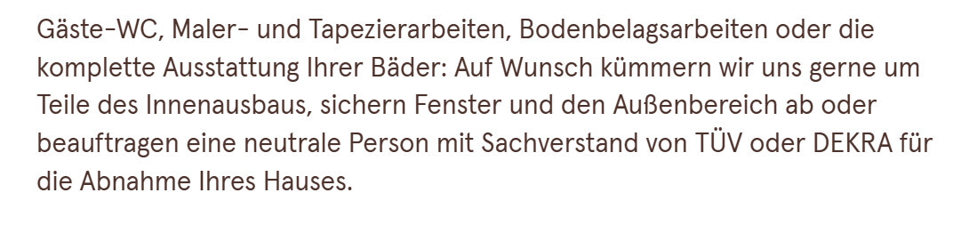 Textblock mit Serviceangeboten rund um Gäste-WC, Malerarbeiten, Innenausbau und TÜV/DEKRA-Abnahme.