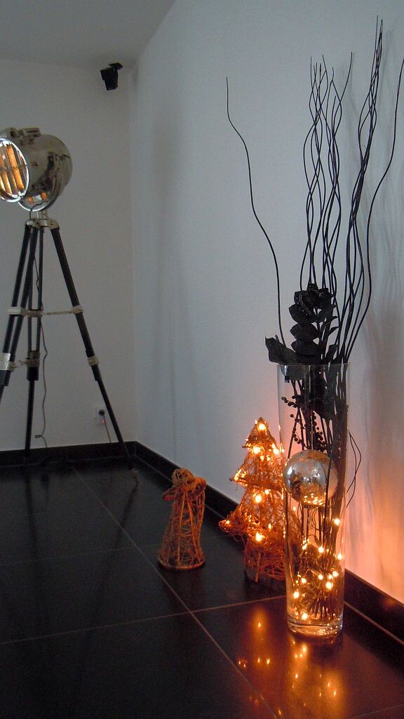 Studiolicht auf Stativ neben Vase mit Zweigen und leuchtenden Deko-Lichtern im Wohnzimmer