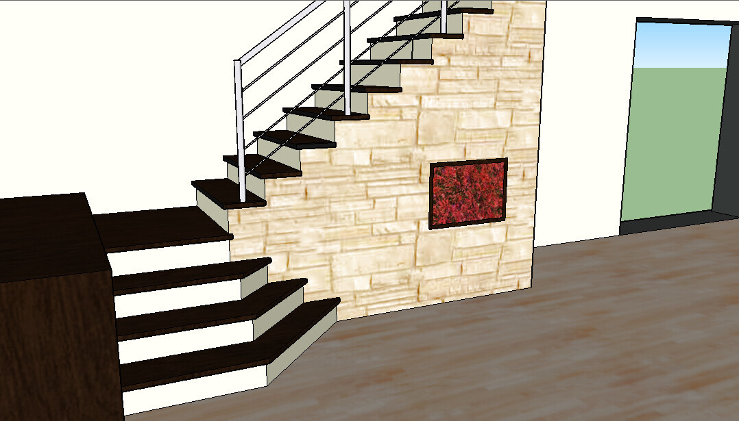 Innenraum mit moderner Treppe aus dunklen Holzstufen, Stahlgeländer und sandsteinverkleideter Wand.