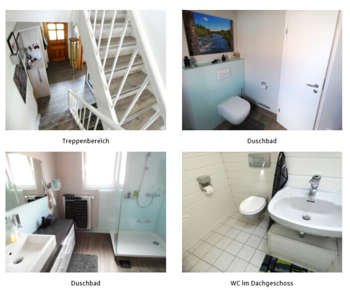 Vier Ansichten eines Hauses: Treppenbereich, Duschbad, Duschbad und WC im Dachgeschoss.