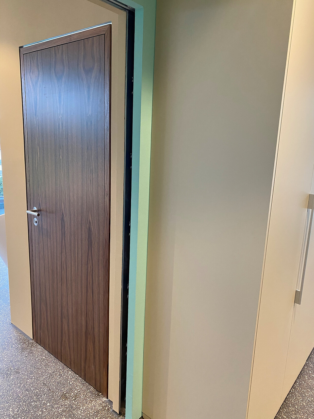 Innentür aus dunklem Holz mit Griff, grüne Türzarge daneben, beige Wände und hellgrauer Boden.