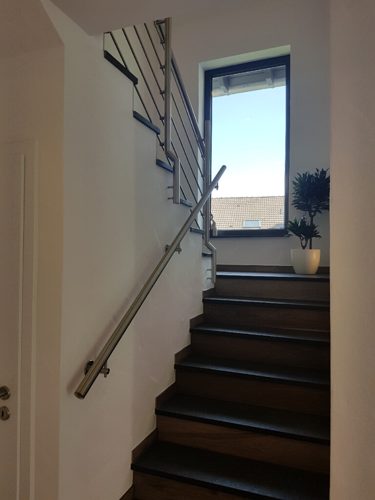 Innenraumtreppe mit Edelstahlhandlauf, dunkle Holztreppen, Fenster oben, Topfpflanze.