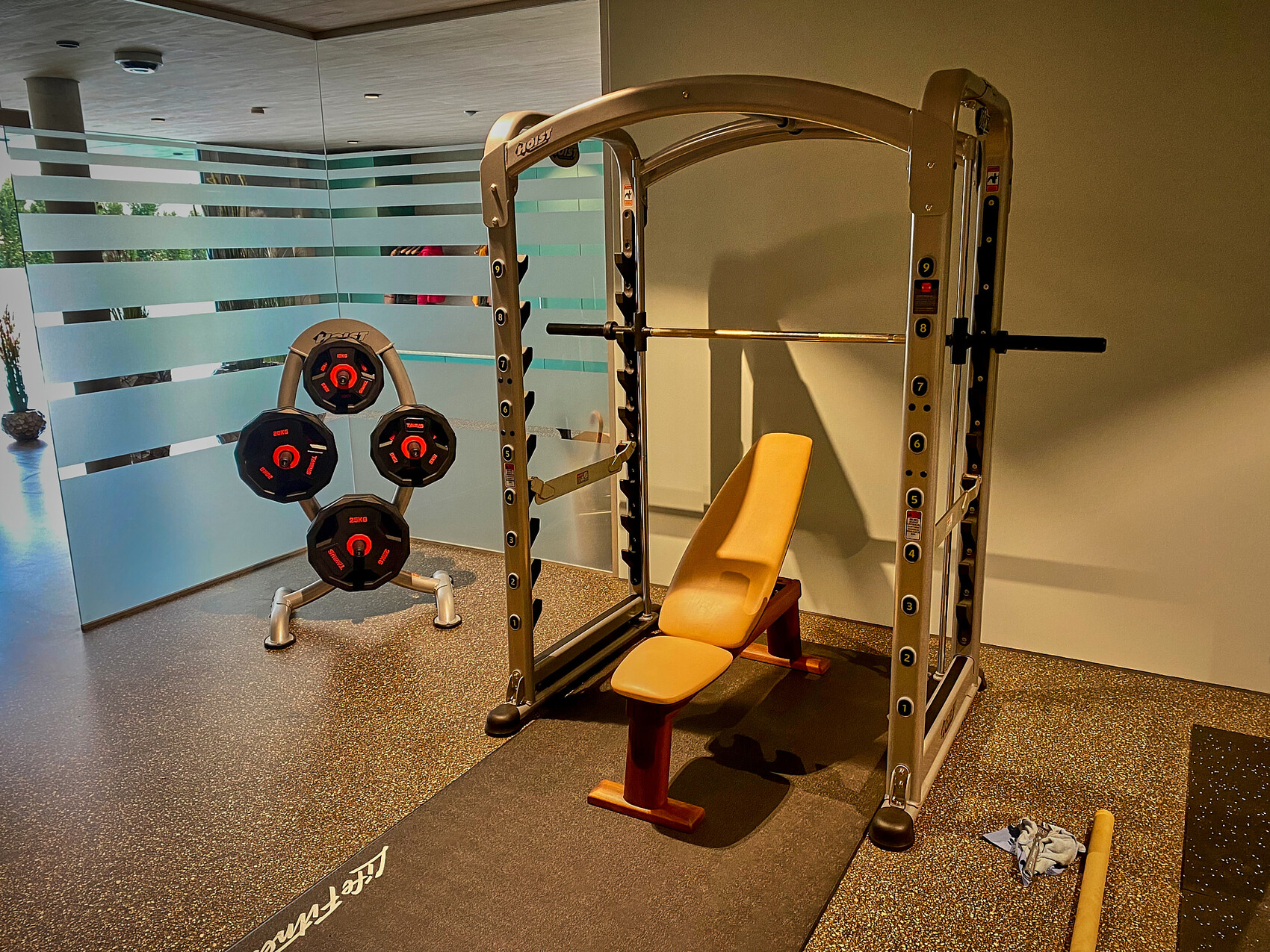 Kraftstation im Fitnessstudio: Squat-Rack mit Langhantel, gelbe Bank und Gewichte.