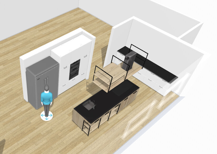 3D-Küchenlayout: Insel mit Spüle, Barhockern, weiße Hochschränke und Kühlschrank.