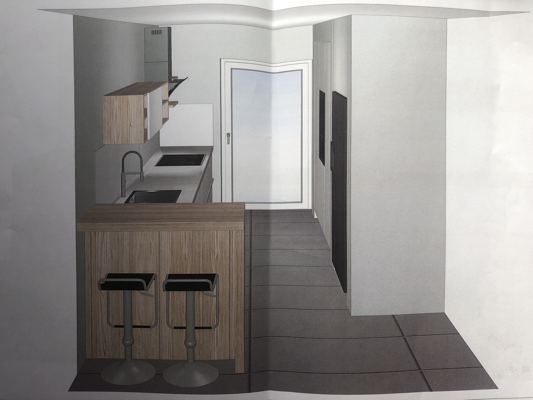Moderne Küche mit Holz-Insel, zwei Barhocker, Spüle, Kochfeld; Tür nach draußen
