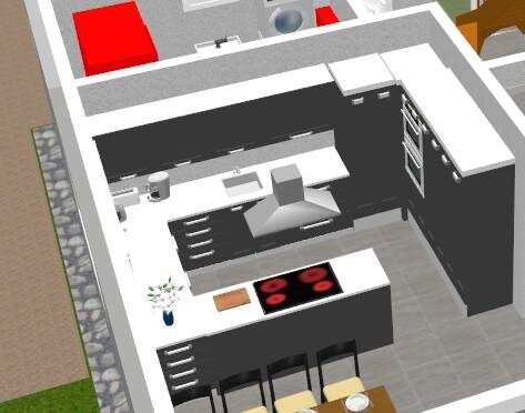 Moderne 3D-Küche mit Kochinsel, Herd und Barhockern in offener Raumaufteilung