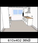 3D-Küchenrender einer hellen Küche mit Fenster und Arbeitsplatten