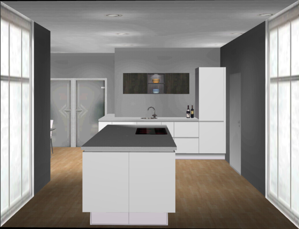Moderne Küche mit Kochinsel, Spüle, Kühlschrank und Weinflaschen auf der Arbeitsplatte.
