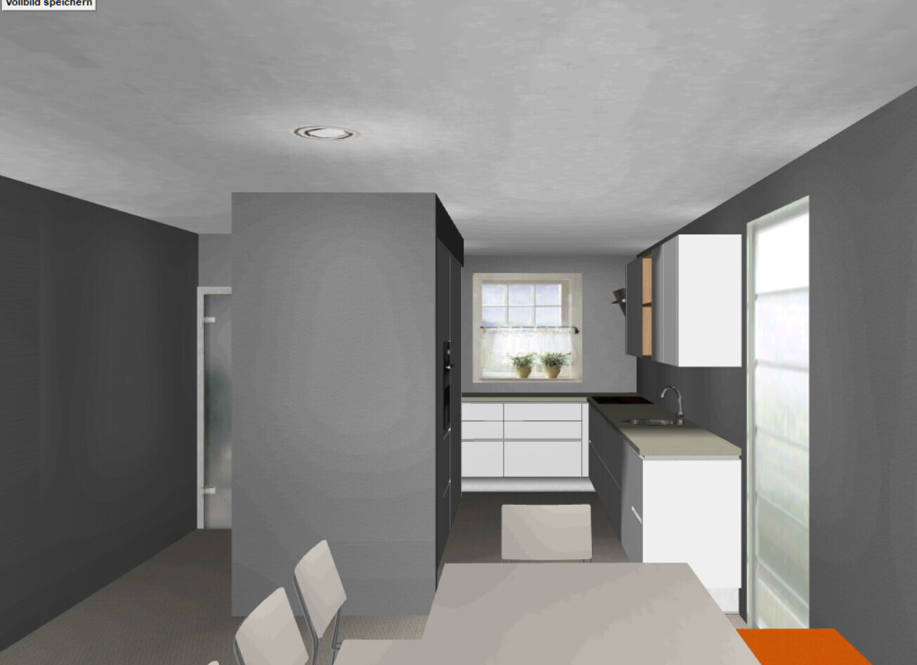 Moderne 3D-Küche mit grauen Schränken, Spüle und Esstisch im Essbereich
