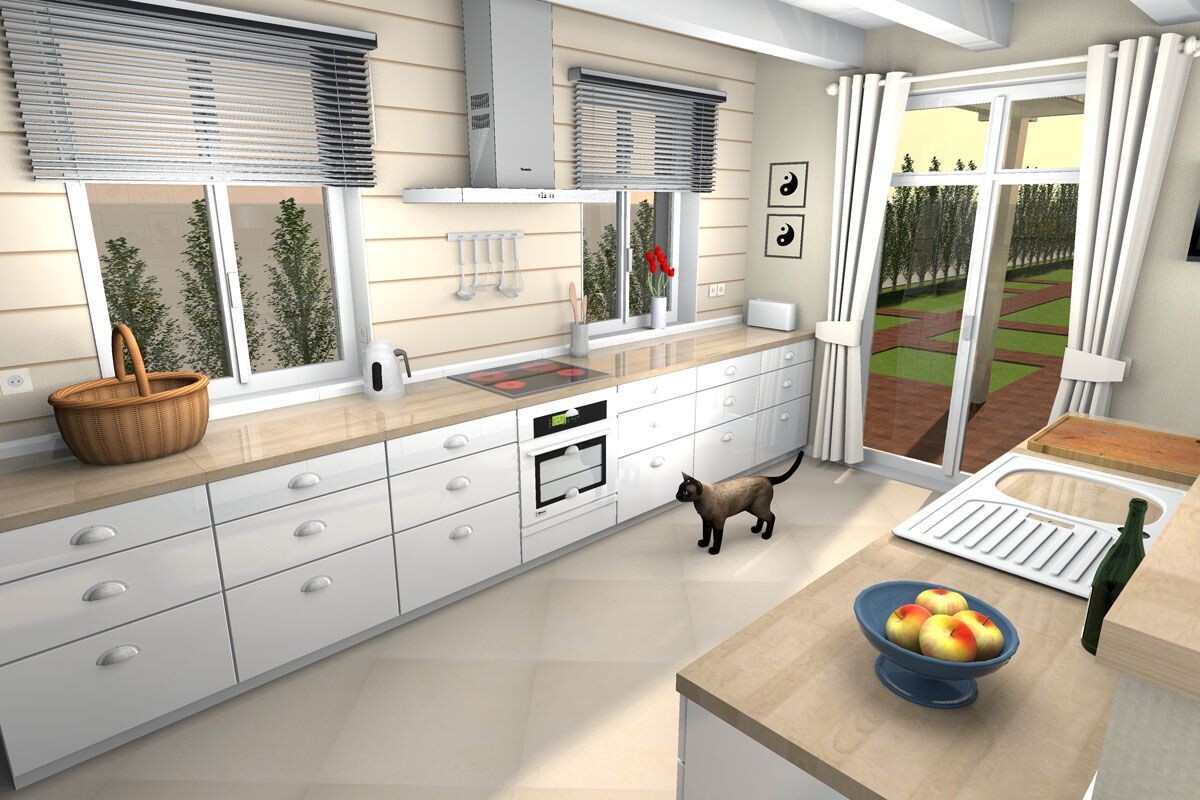 Moderne Küche mit weißen Schränken, Ofen, Spüle; Katze neben dem Ofen; Obst auf Insel.