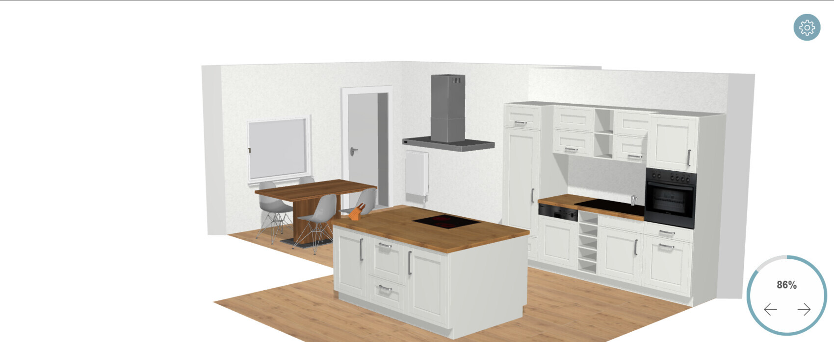 Moderne Küche mit Insel, Dunstabzug, Backofen, weißen Schränken und Esstisch.