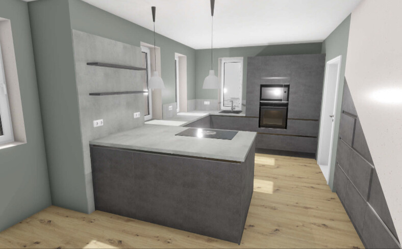 Moderne Küche mit Insel, Spüle, Kochfeld, Backofen, grauen Schränken und Holzfußboden