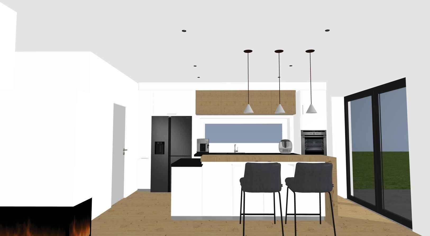 Moderne Küche mit Insel, weißen Schränken, Holzfronten, Pendelleuchten, schwarzen Geräten und Glas-Türen.