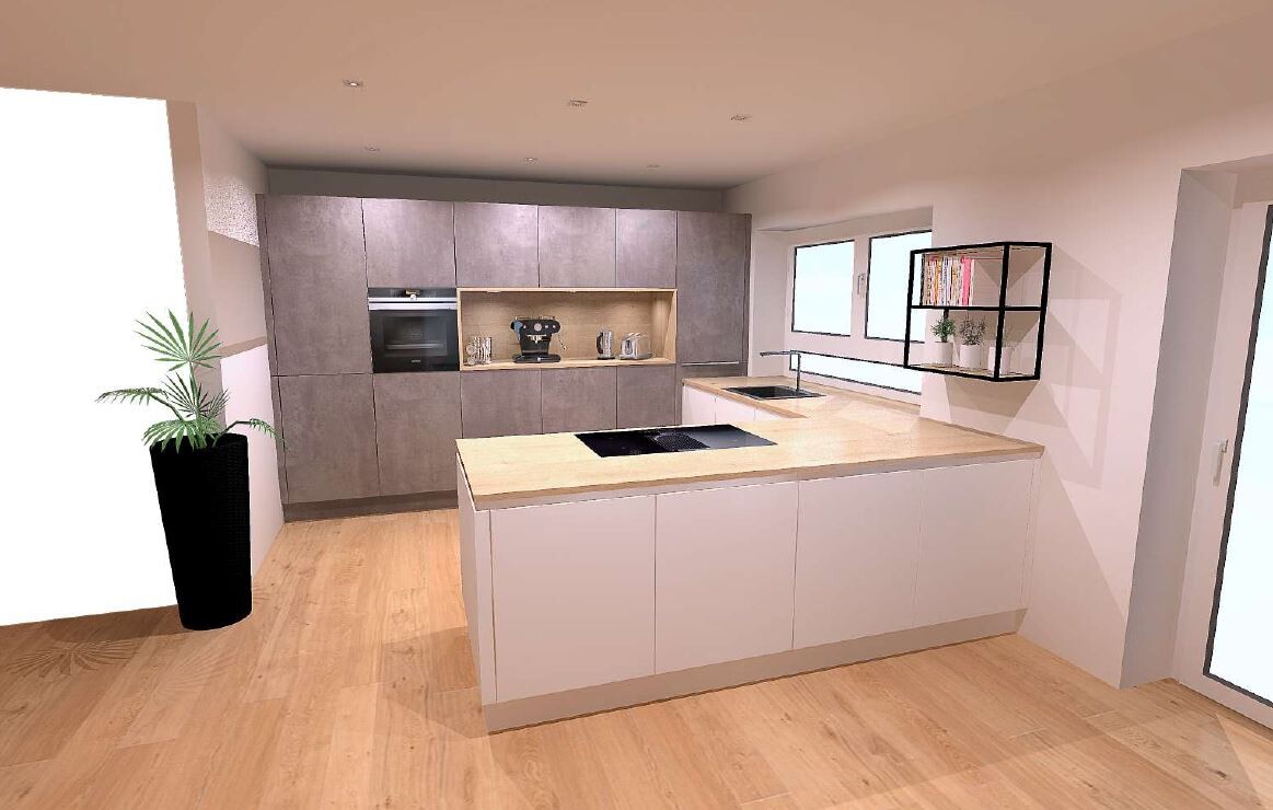 Moderne Küche mit Insel, grauen Schränken, Holz-Arbeitsplatte, Kochfeld und Kaffeemaschine.