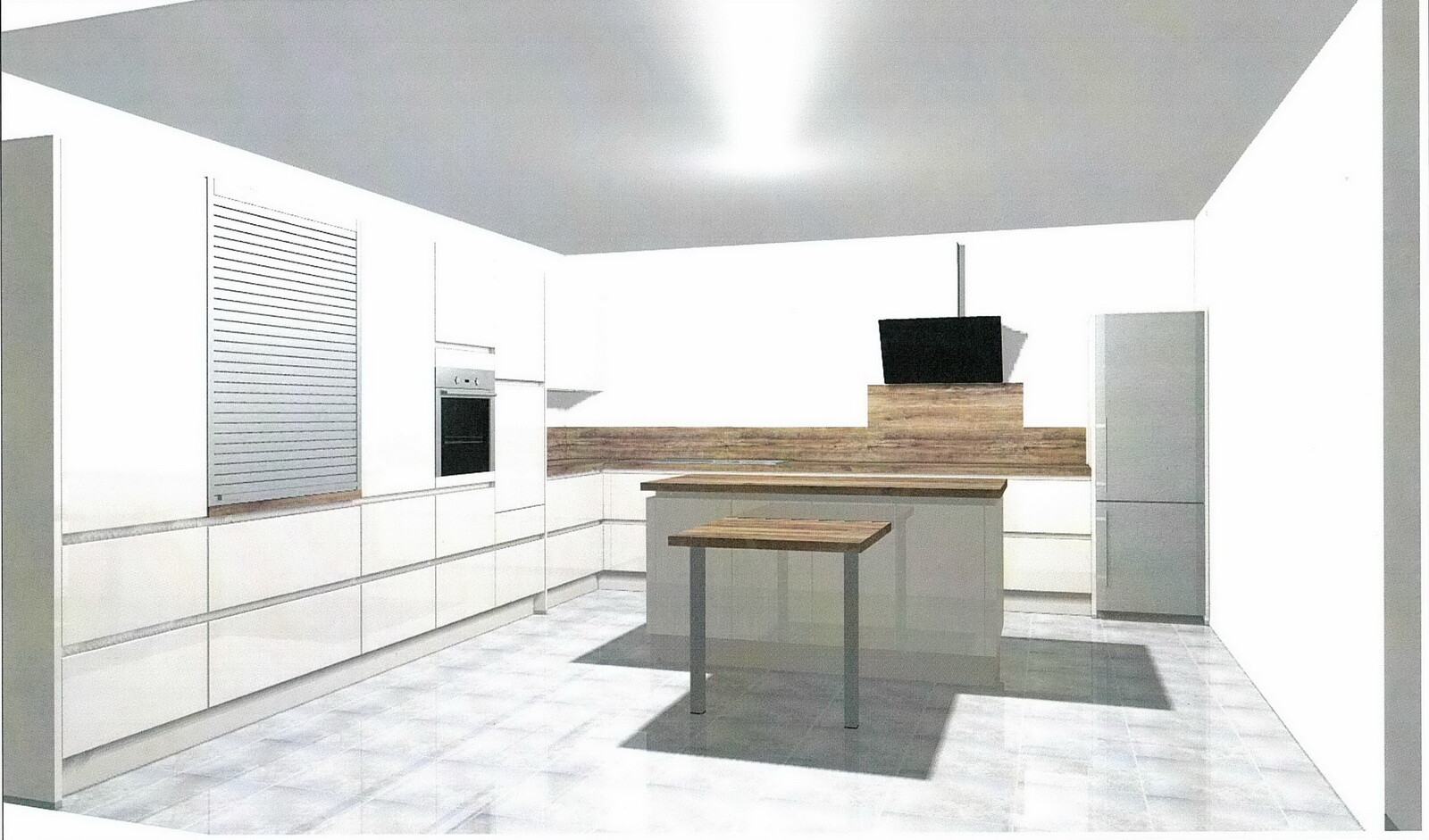 Moderne Küche: weiße Schränke, Holz-Arbeitsplatten, zentrale Kücheninsel, Ofen und Kühlschrank.