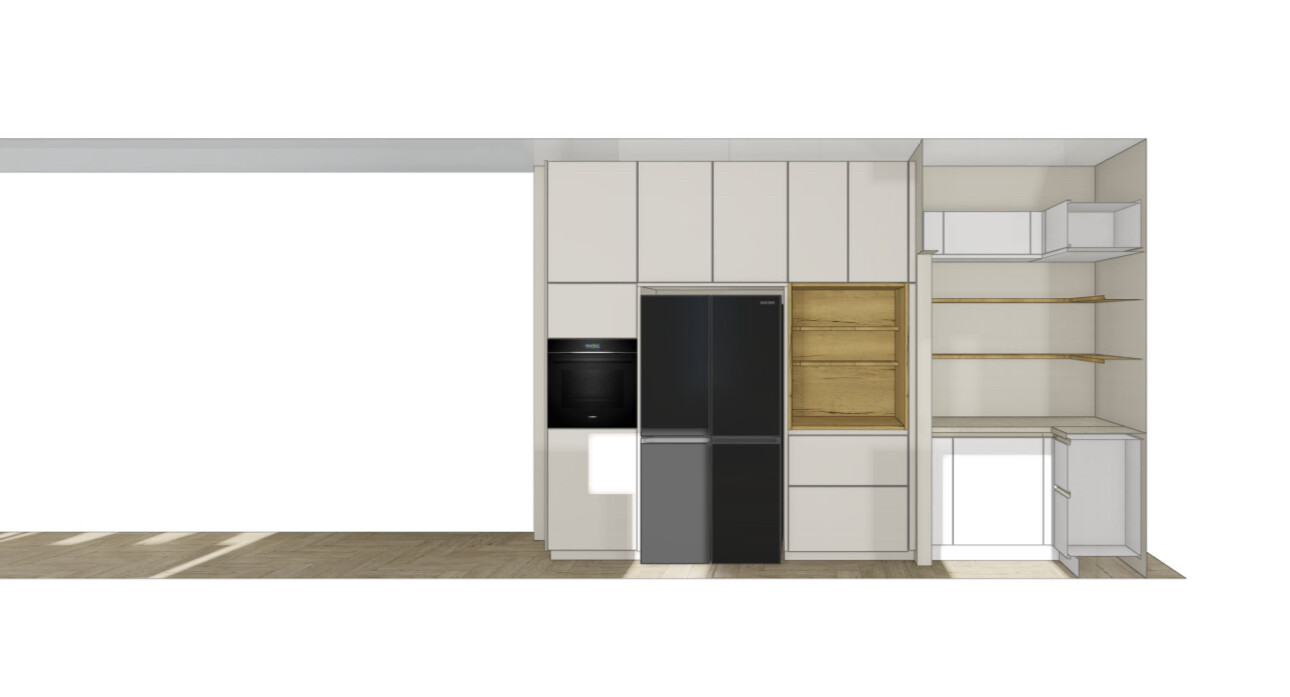 Moderne Küchenzeile mit Einbaubackofen, schwarzem Kühlschrank und offenen Holzregalen.