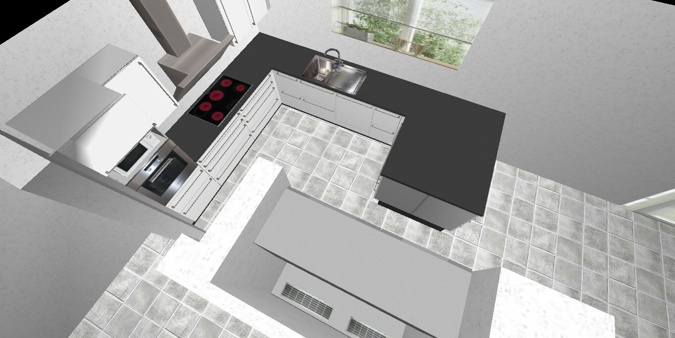 3D-Kuechenplan: Moderne Kuechenzeile mit Spuelbecken, Herd, Insel und Fensterblick