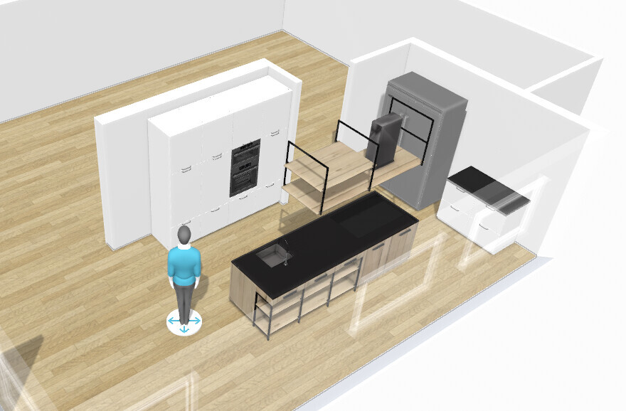 Moderne Küche mit Insel, Spüle, weißen Schränken, Kühlschrank und einer Person.