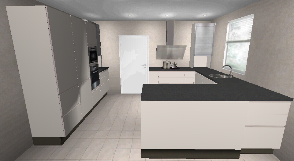 Moderne 3D-Küche mit Insel, dunkler Arbeitsplatte, hellen Schränken und Spüle