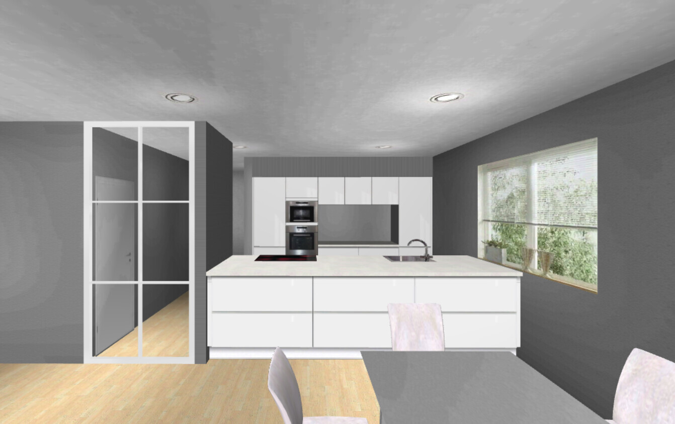 3D-Render: Moderne weiße Kücheneinheit, dunkle Wände, Fensterfront