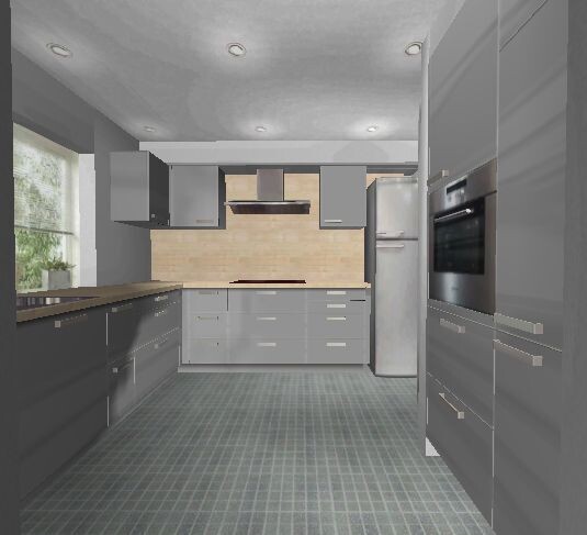 Moderne graue Küche mit Einbau-Backofen, Kühlschrank und Dunstabzug, beiger Fliesenrückwand