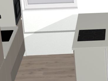 Moderne 3D-Küche mit Elektroherd, hellen Arbeitsflächen und Holzfußboden.