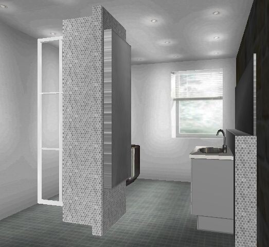 Kleine, graue 3D-Küche: Spüle rechts, Fenster hinten, mosaikverkleidete Trennwand.