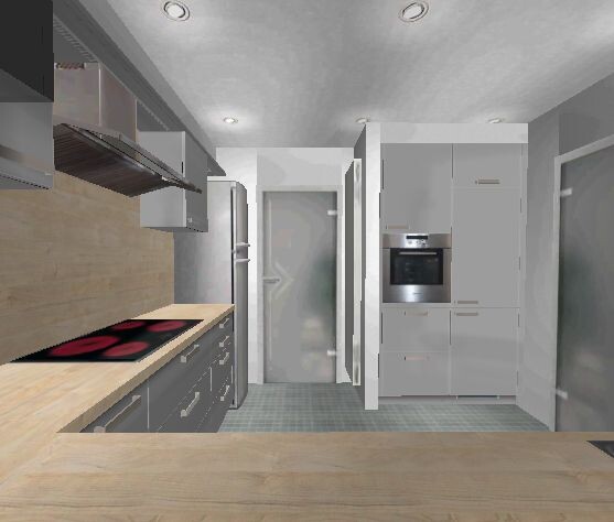 Moderne Küche mit grauen Schränken, Holz-Arbeitsplatte, Herd, Dunstabzug, Kühlschrank und Backofen