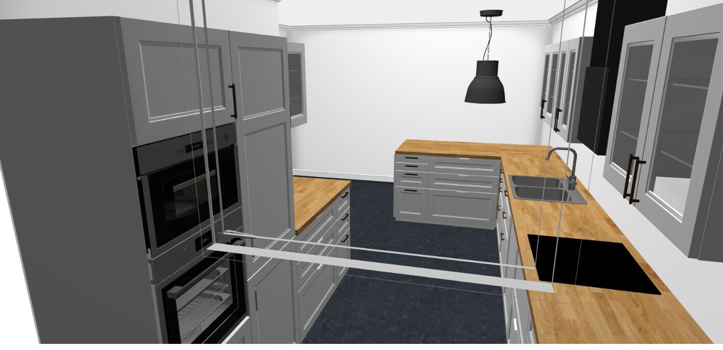 Moderne Küche mit grauen Fronten, Holz-Arbeitsplatten, Spüle und integrierten Backöfen.