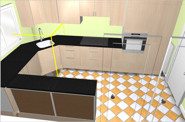 Küche mit schwarzen Arbeitsplatten, Holzschränken, Backofen, Spüle und orange Fliesenboden