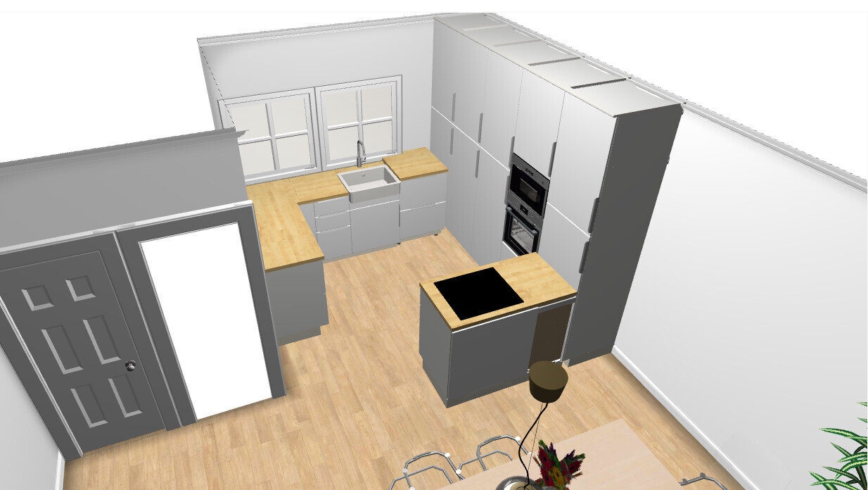 Moderne Küche in L-Form mit Insel, Spüle, Backofen und Fensterfront.