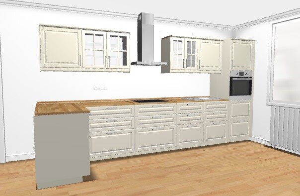 Moderne Küche mit Insel, hellen Unterschränken, Holz-Arbeitsplatte, Dunstabzug und Backofen.