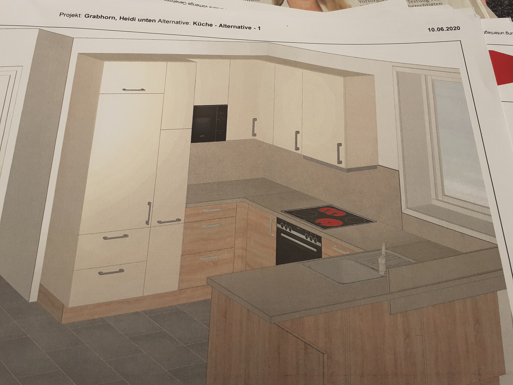 Moderne Küche mit hellen Hängeschränken, Backofen, Elektroherd, Spüle und Kücheninsel mit Fenster.