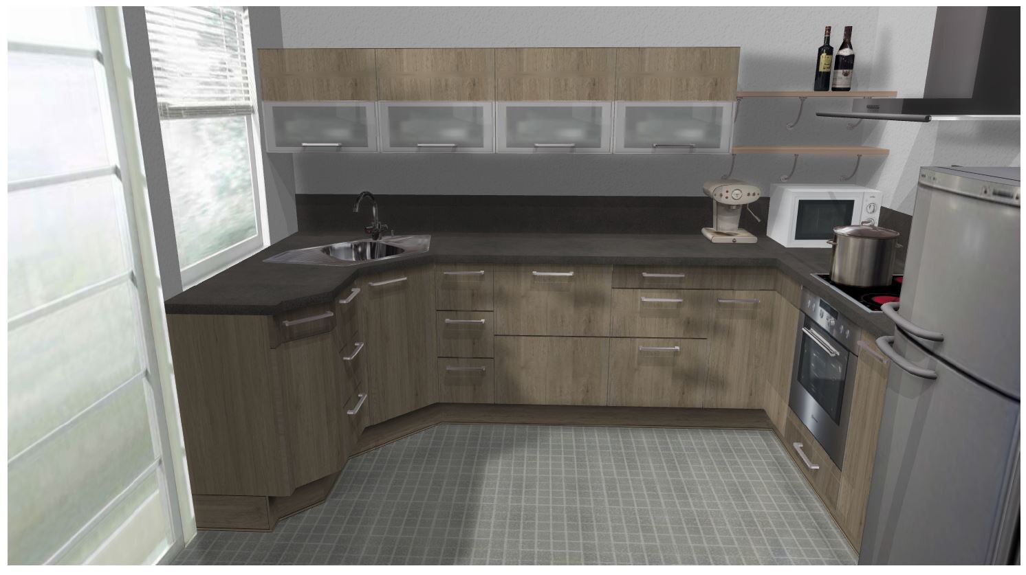 Küche mit Holzfronten, dunkler Arbeitsplatte, Spüle links, Mikrowelle, Herd und Kühlschrank.