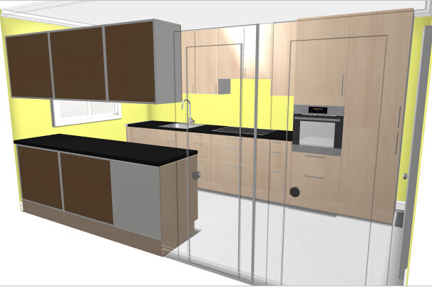 Küche mit Holzfronten, dunklen Arbeitsplatten, Kücheninsel und Glas-Schiebetüren vor gelber Wand.