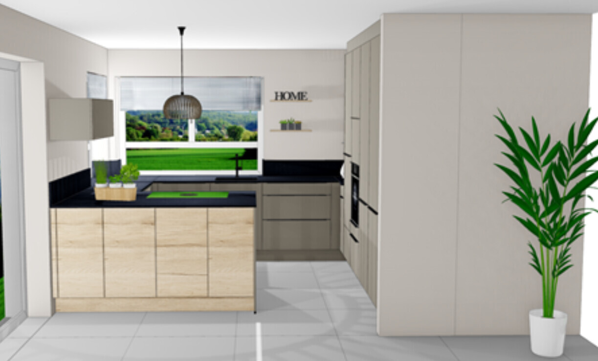 Moderne Küche mit Insel, grauen Schränken, Fensterblick ins Grüne und Pflanze