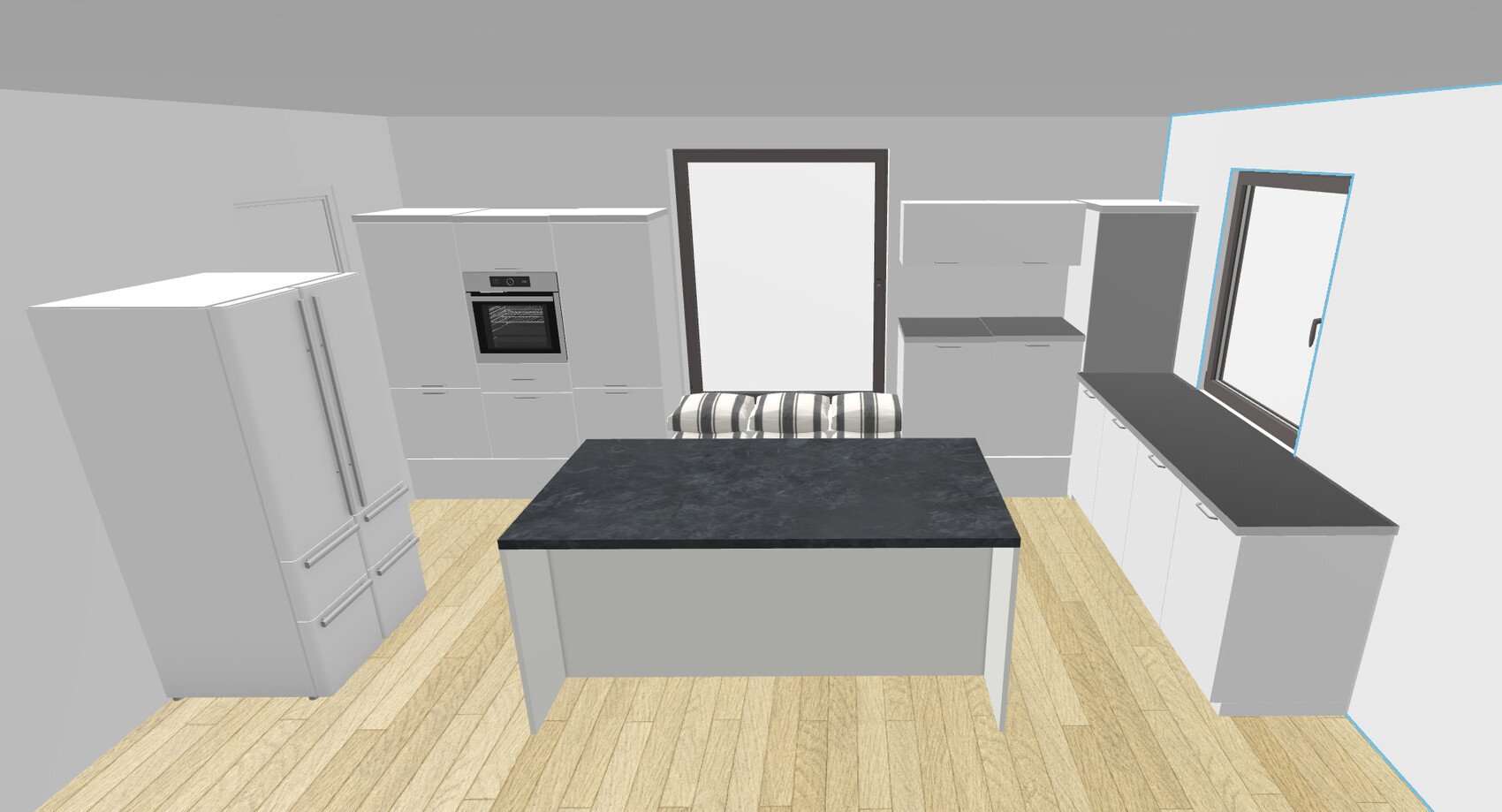Moderne Küchenansicht mit Insel, Kühlschrank, Backofen und Fenster rechts.