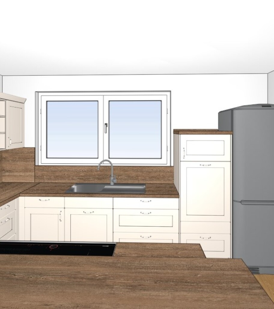 Küche mit weißen Fronten, Holz-Arbeitsplatten, Spüle unter dem Fenster, Kühlschrank rechts.