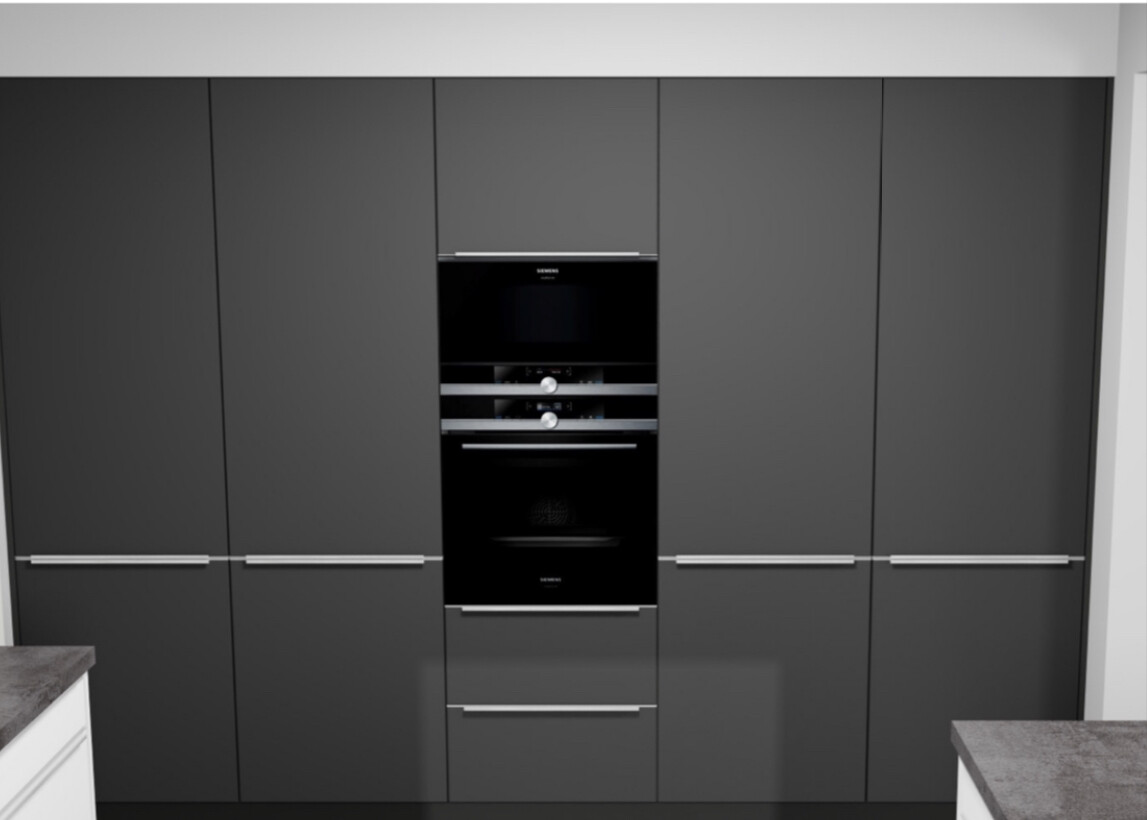 Moderne graue Küchenfronten mit zentral eingebautem Ofen-Stack und Edelstahlgriffen.