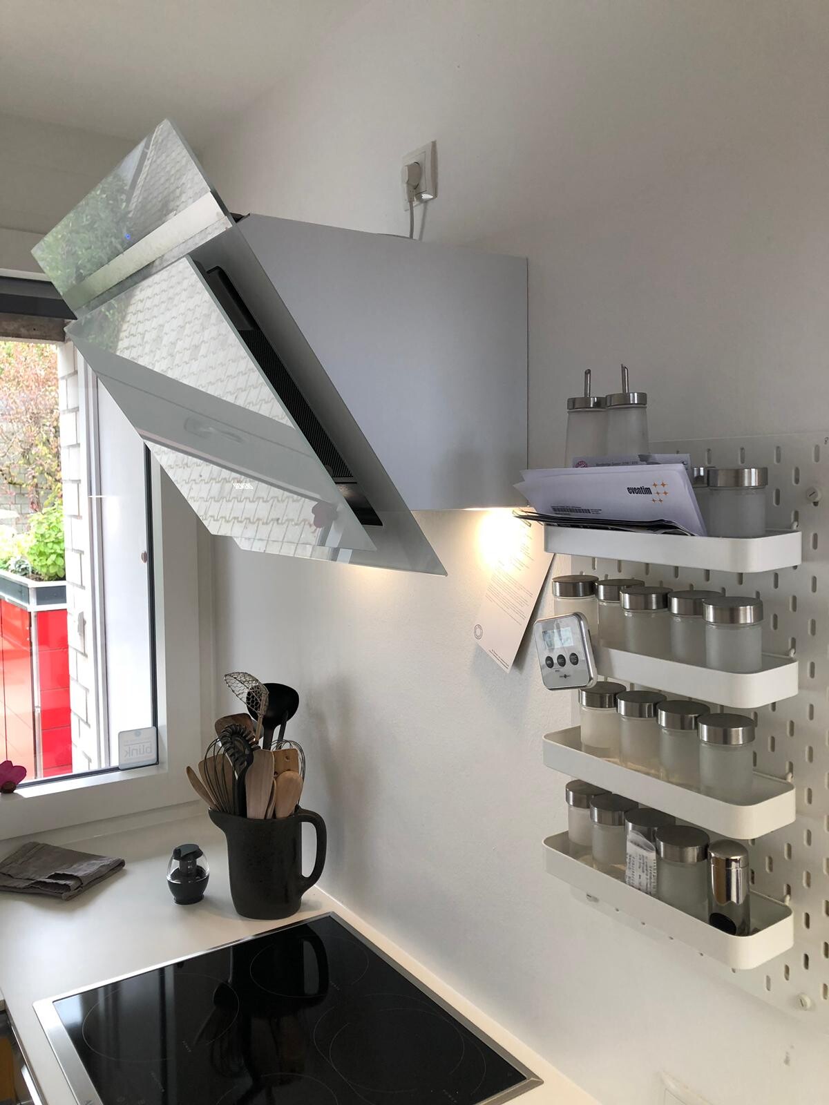 Moderne Kuche mit schwenkbarer Dunstabzugshaube, Gewuerzregal und Induktionskochfeld