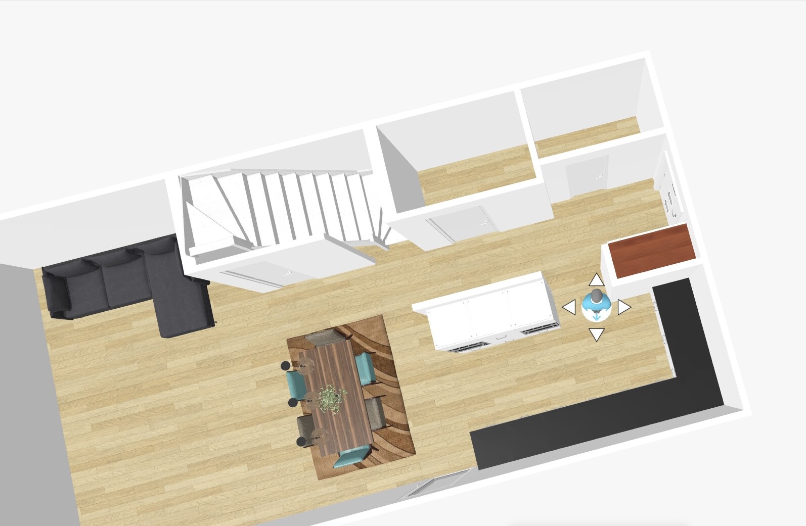 3D-Draufsicht eines offenen Wohn- und Essbereichs mit Kücheninsel, Esstisch, Sofa und Treppe.