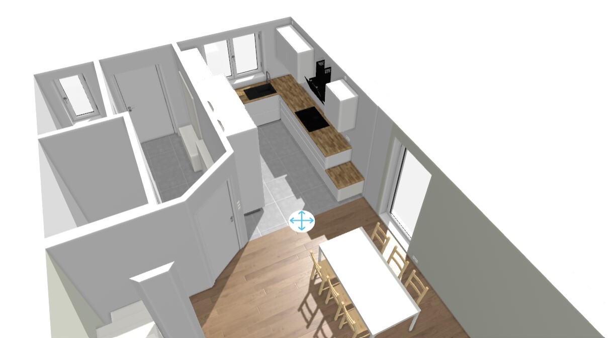 3D-Grundriss: Offene Kueche mit Esstisch, Stuehlen und Holzboden.