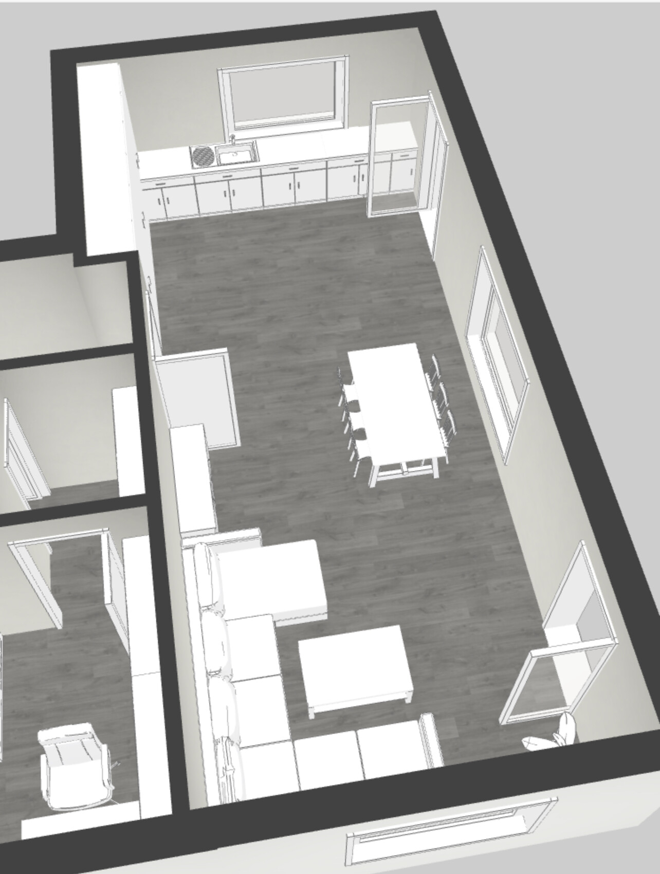 3D-Grundriss eines offenen Küchen- und Wohnbereichs mit Esstisch und Sofa.