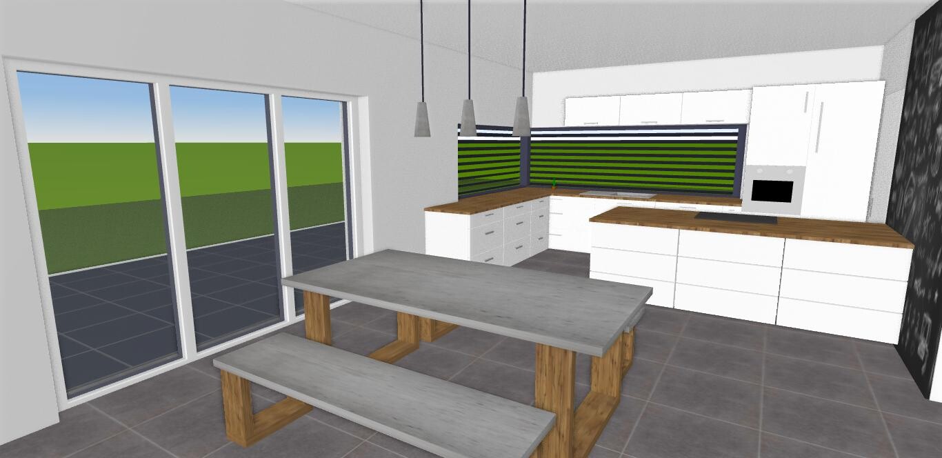 3D-Render einer modernen Küche mit weißen Schränken, Holzarbeitsplatten und Esstisch mit Bänken.