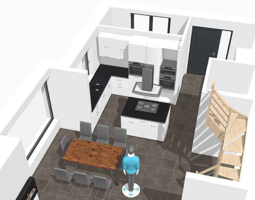 3D-Küchen- und Essbereich mit Kochinsel, Geräten, Esstisch und Treppe, Person davor