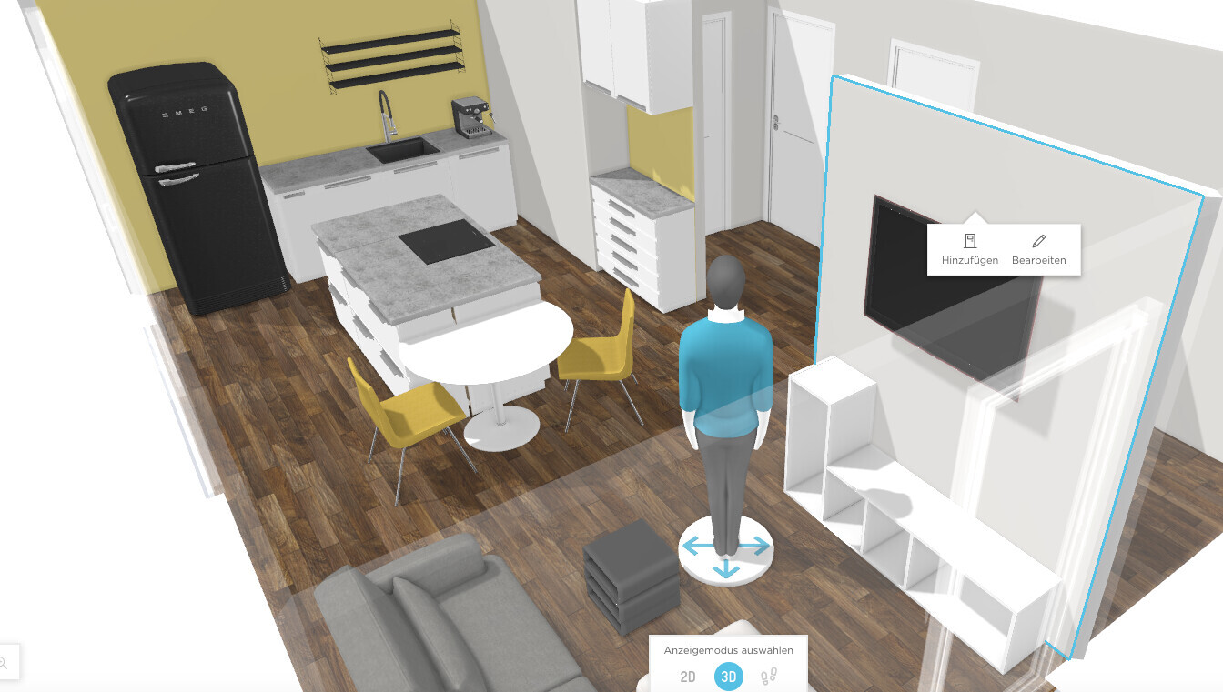 3D-Ansicht: offene Küche mit Insel, Esstisch, Kühlschrank und TV; Person in Blau steht im Raum.